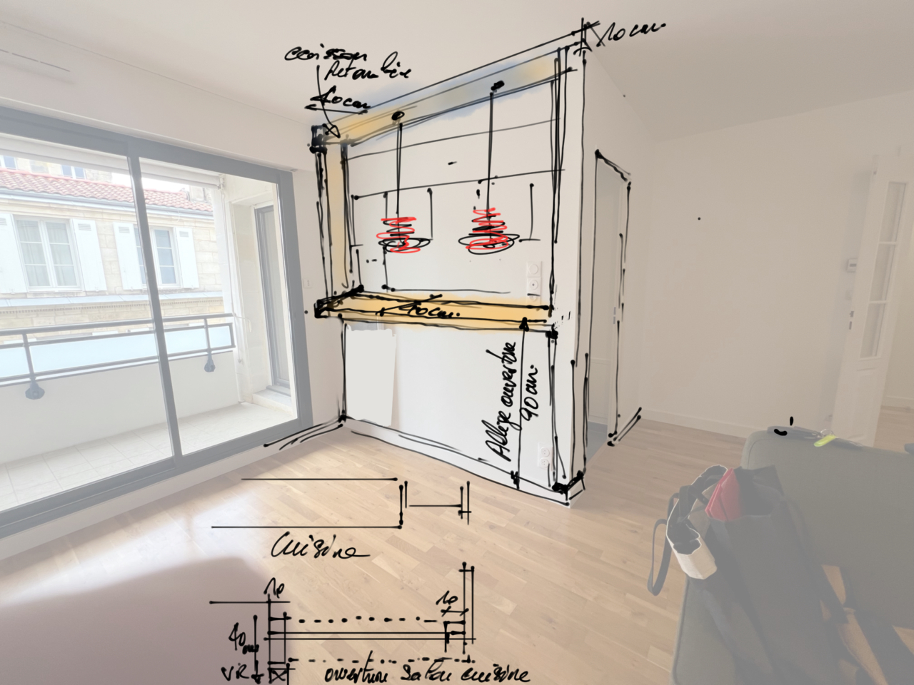 Croquis du projet d'ouverture de la cuisine sur le salon dans un appartement à Bordeaux.